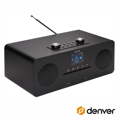 Rádio preto Denver com antena e ecrã digital azul.