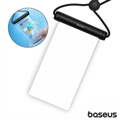 Capa impermeável transparente para telemóvel com fecho preto e corda para pendurar, fundo branco e logótipo baseus