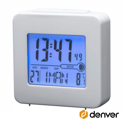 Despertador digital branco com ecrã azul e dados de hora, data, dia e temperatura.