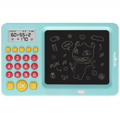 Calculadora eletrónica infantil azul claro com visor LCD, botões coloridos e painel de escrita digital preto com desenhos