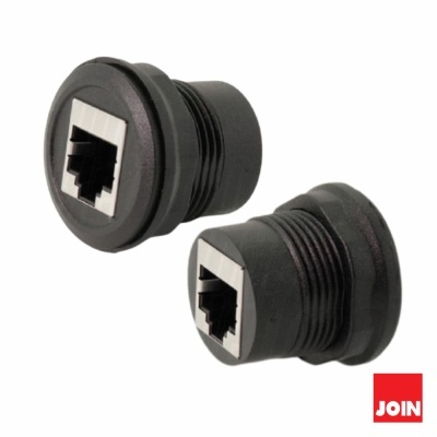 Conector embutido RJ45 preto com acabamento metálico e logótipo JOIN