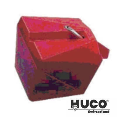 Caixa metálica vermelha com tampa e logótipo LUCO Switzerland