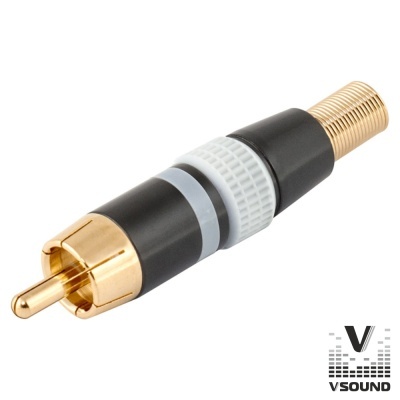 Conector RCA metálico dourado e preto com fundo branco e logótipo VSOUND