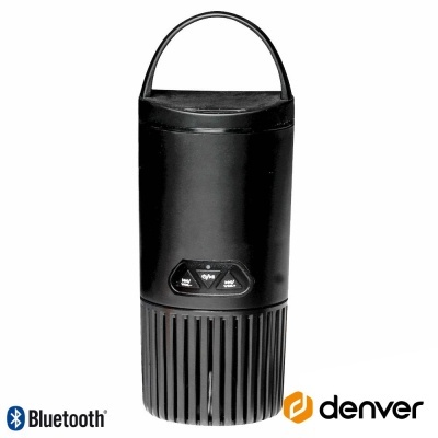 Coluna de som portátil preta Denver com Bluetooth, design cilíndrico e alça