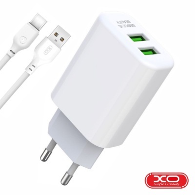 Carregador USB branco com duas portas e cabo USB