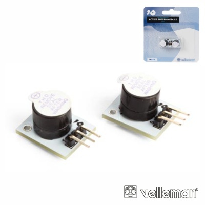 Módulo buzzer ativo preto e branco com embalagem azul e branca