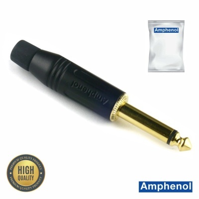 Conector áudio Amphenol preto com ponta dourada e embalagem com logotipo