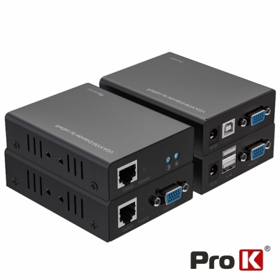 Par de transmissores e receptores de vídeo VGA em caixas metálicas cinzentas com portas RJ45 e USB