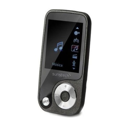 Leitor de música portátil Sunstech preto com ecrã digital e botões circulares