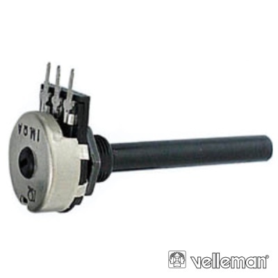 Potenciômetro com eixo preto e corpo metálico prateado