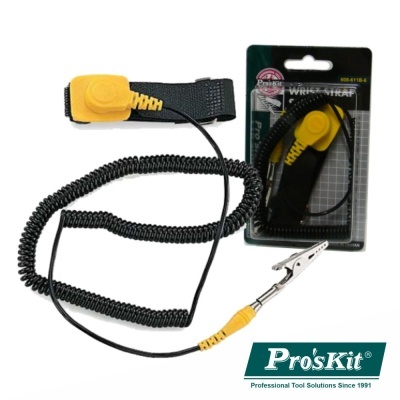 Pulseira antiestática preta com fecho amarelo, fio espiralado preto e clipe metálico