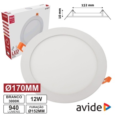 Luz LED redonda branca de embutir 170mm 12W 940 lumens 3000K marca avide