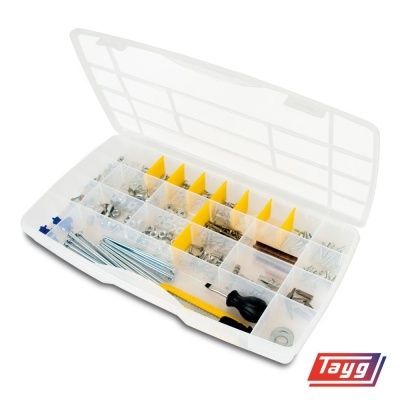 Caixa organizadora com ferragens e chave de fendas