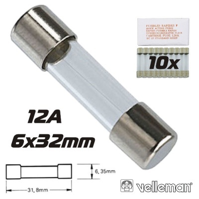 Fusível rápido de vidro 12A 6x32mm com embalagem e esquema dimensional
