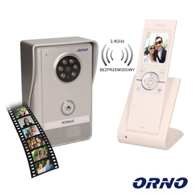 Intercomunicador vídeo sem fios ORNO com unidade externa metálica prateada e unidade interna branca com ecrã e botões.