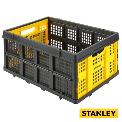 Caixa organizadora preta e amarela de plástico com texto STANLEY