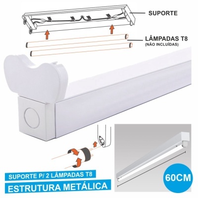 Suporte metálico branco para lâmpadas T8 com 60cm