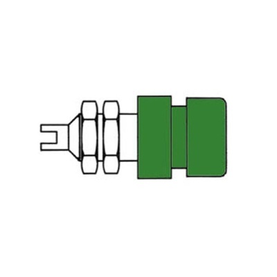 Conector elétrico metálico branco com partes verdes em fundo branco