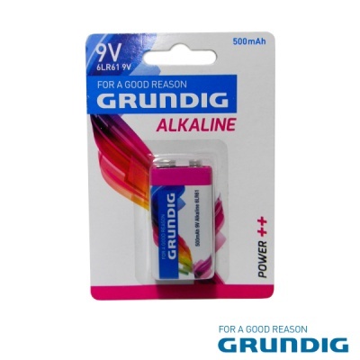 Embalagem de pilha alcalina Grundig 9V com texto e cores azul, rosa e branco