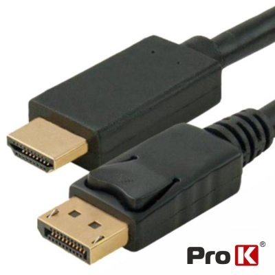 Cabo preto HDMI para DisplayPort com conectores dourados e logotipo Pro K