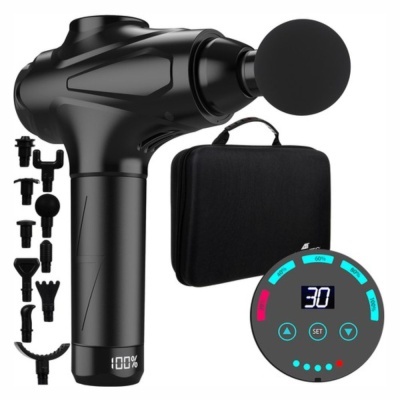 Pistola de massagem corporal preta com acessórios e estojo de transporte