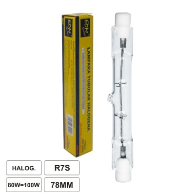 Lâmpada tubular halogénea transparente com embalagem amarela