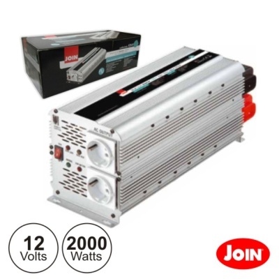 Inversor de corrente JOIN prata com 2000 watts e 12 volts ao lado da caixa preta do produto.