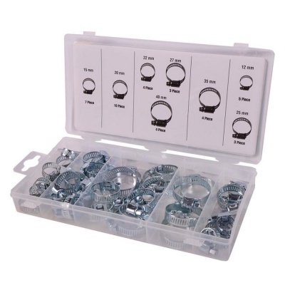 Conjunto de abraçadeiras de aço inoxidável em caixa transparente com divisão e tampa com tamanhos e quantidade