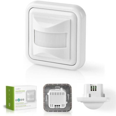 Sensor de movimento branco em plástico com embalagem e partes acessórios