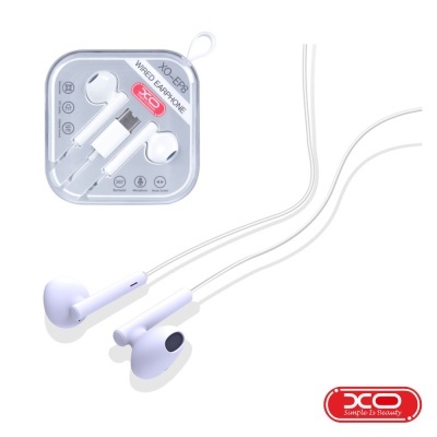 Auricular earphone branco com cabo e conector lightning na embalagem