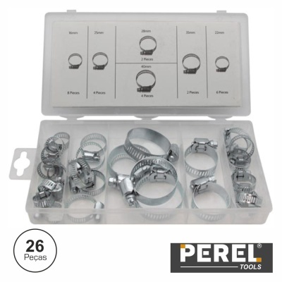 Conjunto de braçadeiras metálicas ajustáveis numa caixa plástica transparente