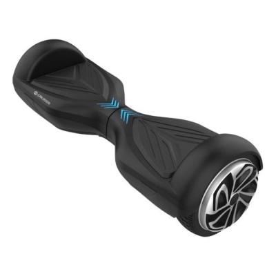 hoverboard preto com detalhes azuis e pneus prateados