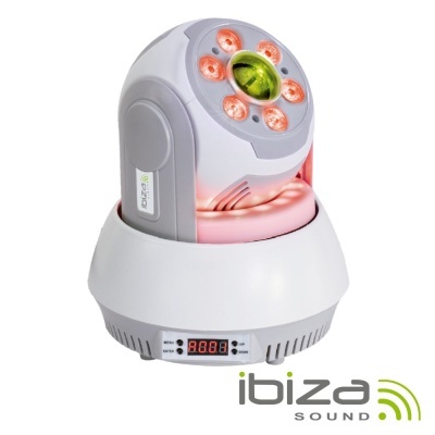 Aparelho branco e cinza com luzes vermelhas e lente verde, visor digital e logotipo Ibiza Sound
