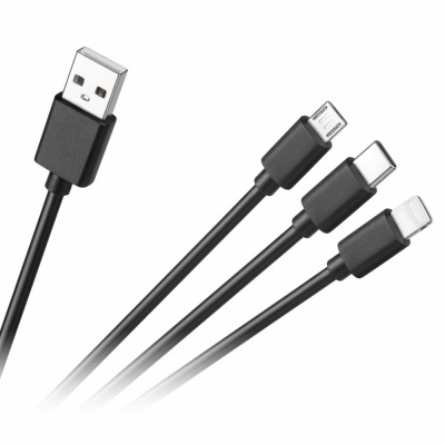 Cabo USB preto com três conectores diferentes