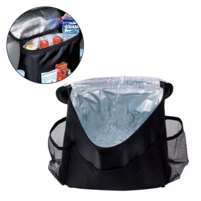 Saco térmico preto com interior isolante prateado e bolsos laterais em rede