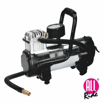 Compressor de ar portátil preto e prateado com mangueira e pega preta, logótipo ALL Ride