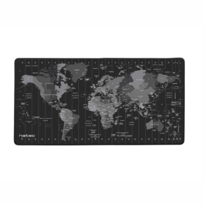 Tapete de secretária preto com mapa-mundo e fusos horários impressos