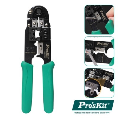 Alicate Pro'sKit para crimpar, cortar e descascar fios com punhos verdes e corpo preto