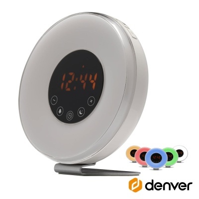 Relógio despertador digital redondo branco com visor preto e números laranja