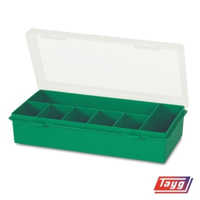 Caixa organizadora verde com tampa transparente e compartimentos
