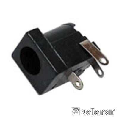 Conector de alimentação DC preto com patilhas metálicas e logo Velleman