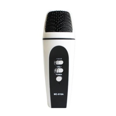 Microfone portátil MC-919A branco e preto com botões de volume e power.