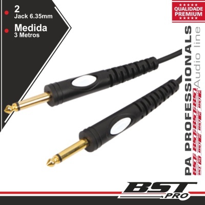 Cabo de áudio BST PRO jack 6,35 mm preto com detalhes brancos, 3 metros