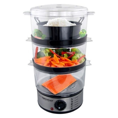 Aparato de cozedura a vapor transparente com três compartimentos e base metálica