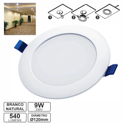 Luz LED redonda embutida branco natural 9W 540 lumens diâmetro 120mm com presilhas azuis