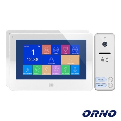 Vídeo porteiro com ecrã tátil colorido e módulo externo branco com câmara