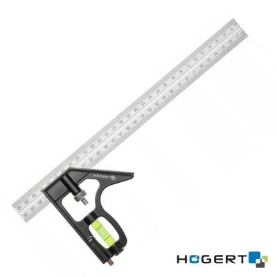 Esquadro combinado metálico com régua e nível sobre fundo branco