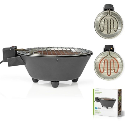 churrasqueira eléctrica portátil preta com grelha metálica e resistência