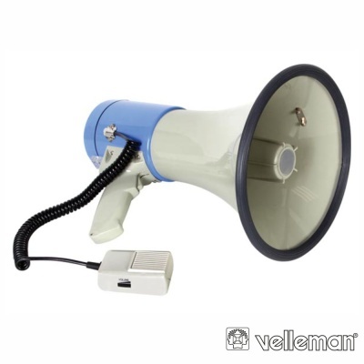 Megafone azul e branco com microfone ligado por cabo espiral