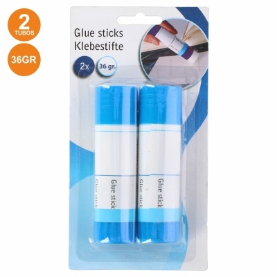 Pacote de 2 tubos de cola em barra azul e branco com embalagem de cartão e plástico transparente